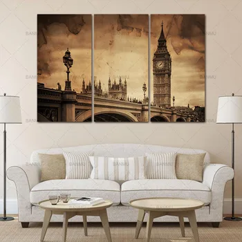 3 Panel Wall Art cavas maľovanie, dekorácie pre domov Vintage Retro Obraz Big Ben V Londýne Most Maľovanie Obrazu Tlač