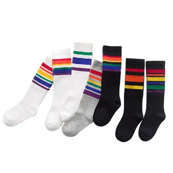 3 páry Chlapci futbal ponožky prekladané farebné dúhy podkolienky bavlna školské športové biele dlhé ponožky pre deti baby boy deti