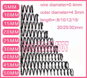 30pcs 0.4*4.5 mm série malých mieste jar 0,4 mm drôt kompresia tlak pružiny 0.4*4.5*(8/10/12/15/20/25/30)
