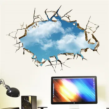 3D Blue Sky a biely oblak scenérie Okno pozadie samolepky na stenu spálne, obývacia izba tapety na stenu decor