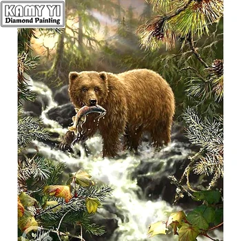 3D DIY Diamond Maľovanie Cross Stitch Lesa Medveď loviť Ryby Crystal Vyšívanie Diamond Výšivky Plný Diamond Dekoratívne ZS