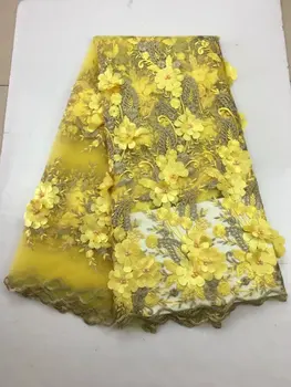 3D Kvet Afriky Korálky Čipky Tkaniny 5 Metrov Žltá Nigérijský francúzskej Čipky Textílie, 2017 Vysokej Kvality Korálkové Tylu Tkaniny Svadbu