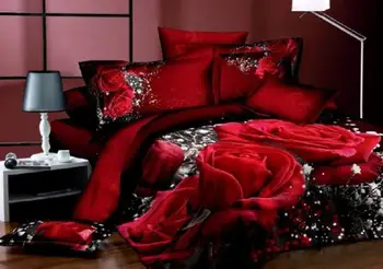 3D posteľná bielizeň Sady bytový Textil Hot Red Rose Vzor Queen Size Posteľou Sady Polyester