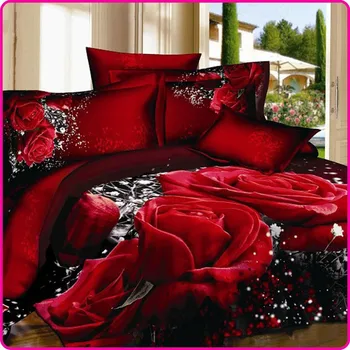3D Red Rose posteľná bielizeň Nastaviť Jedinečné Svadobné Obliečky Queen Size 4PCS Bavlna Bielizeň, Prikrývka/Tešiteľ/Deka Kryt Sady