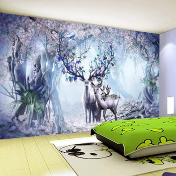 3D Tapety 3D Stereo Fantasy Lesa Elk Foto Nástenné Maľby Dieťa Izba Obývacia Izba Gauč TV Pozadí na Stenu Cartoon Tapety Roll