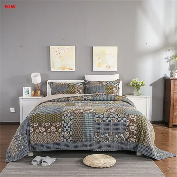 3ks Americký štýl šedá deka nastaviť patchwork posteľ kryt set bavlny, prikrývka prehoz cez posteľ 250*270cm kvetinové vankúše bytový textil