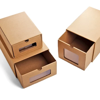 3ks DIY Kraft papier topánky úložný box s priehľadným oknom Ekologicky Skladacie zásuvky typ dokončovacie box topánky organizátor