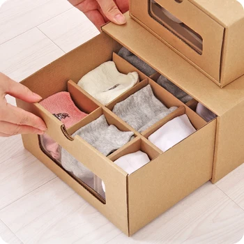 3ks DIY Kraft papier topánky úložný box s priehľadným oknom Ekologicky Skladacie zásuvky typ dokončovacie box topánky organizátor