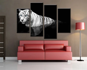 4 Ks/set Plátno Tlačiť Zvierat Biely Tiger v Black Wall Art Obraz s Moderné Nástenné Maľby Modulárny obrázok (bez rámu)