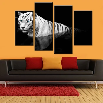 4 Ks/set Plátno Tlačiť Zvierat Biely Tiger v Black Wall Art Obraz s Moderné Nástenné Maľby Modulárny obrázok (bez rámu)