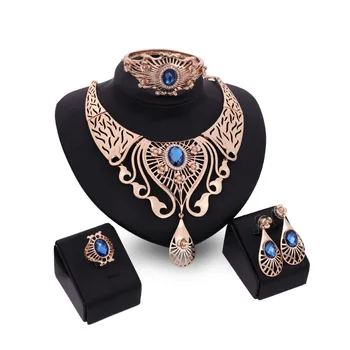 4 KS Vintage Ženy, Svadobné Šperky Sady Drahokamu Crystal Náhrdelníky Náušnice Náramok, Prsteň Nigérijský Dubaj Svadobné Šperky