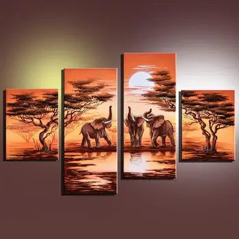 4 Panel Ručne Maľované Plátno Olejomaľba Africké Safari Moderné Krajinomaľbou Slon Scenériou Lesa Obrazov Na Stenu Bez Rámu