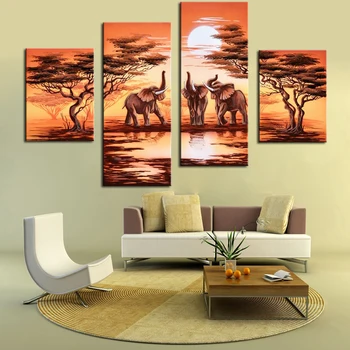 4 Panel Ručne Maľované Plátno Olejomaľba Africké Safari Moderné Krajinomaľbou Slon Scenériou Lesa Obrazov Na Stenu Bez Rámu
