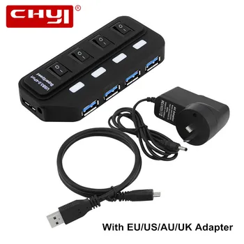 4 Port USB Hub, Super Rýchlosť USB 3.0 Hub Jednotlivých LED On/Off Switches USB Dátový Kábel EÚ/US/UK/AU Pripojte Napájací Adaptér