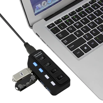 4 Port USB Hub, Super Rýchlosť USB 3.0 Hub Jednotlivých LED On/Off Switches USB Dátový Kábel EÚ/US/UK/AU Pripojte Napájací Adaptér
