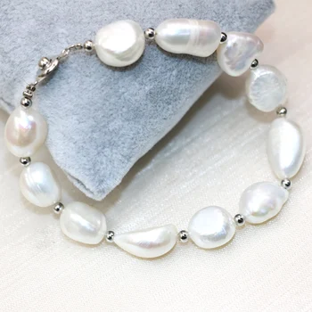 4 štýl, prírodné nepravidelný 12-14 mm biela perla korálky náramok pre ženy darček vysoký stupeň spona kúzlo náramok šperky 7.5 palcový B3000