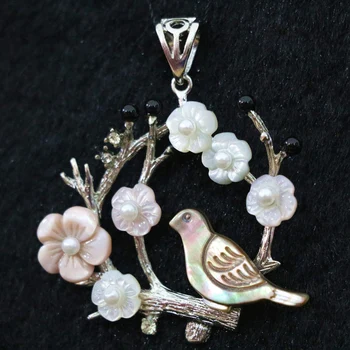 44x47mm prírodné abalone bielej matky kvet, vták shell prívesok, strieborná farba purfle šperky B1151