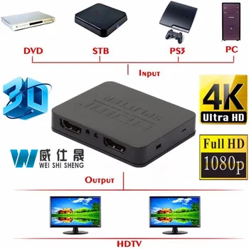 4K HDMI Splitter Full HD 3D, HDMI 1080p Video Prepnite Prepínač 1X2 Split 1: 2 Z Zosilňovač Duálne Zobrazenie Na HDTV DVD PS3, Xbox