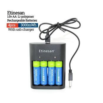4pcs AA 1,5 v 3000mwh Etinesan Lítium-ion, Li-po Nabíjateľné Batérie + 4 SLOTY USB nabíjačky