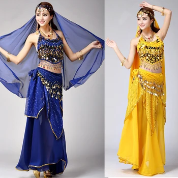 4pcs Nastavenie Výkonu pre Dospelých, Brušný Tanec Kostým Sady Bollywood Cigánskych Kostýmoch Ženy, Brušný Tanec Šaty Indii, Egypte Dancewear