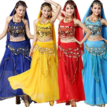 4pcs Nastavenie Výkonu pre Dospelých, Brušný Tanec Kostým Sady Bollywood Cigánskych Kostýmoch Ženy, Brušný Tanec Šaty Indii, Egypte Dancewear