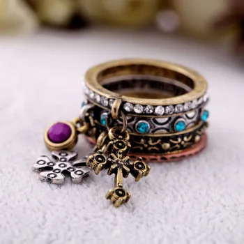 4pcs/sady Európske a Americké Módne Retro Šperky Vložkou Crystal s Kríži Visieť Krúžok Lady Krúžky Koleno Šperky Oblek