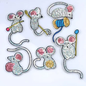 5 ks Náhodne Zmiešané Sequin myši Škvrny Vyšívané žehlička na patch pre oblečenie Bunda Nášivka DIY Príslušenstvo 8-12 cm CP1517
