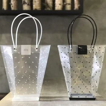 5 ks Trapézový vodotesné priehľadné darčekové tašky plastové dot PVC Flower shop balení taška Strany dovolenku kvet tašky Čierna biela