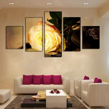 5 Kusov Moderný Modulárny Obrázok Plátno Na Maľovanie Zlaté Ruže Kvet Wall Art Domáce Dekorácie Č Rámovanie