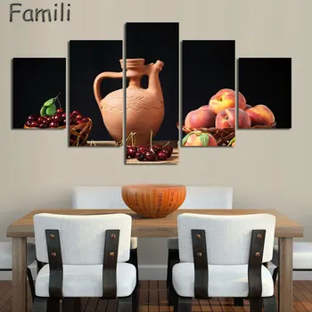 5 Panel Potravín A Pohár Moderných Plátno Tlačiť Maľby Nástenné Art Obraz Pre Kuchyňa Izba Dekorácie, umelecké Diela bez rámu,olejomaľba