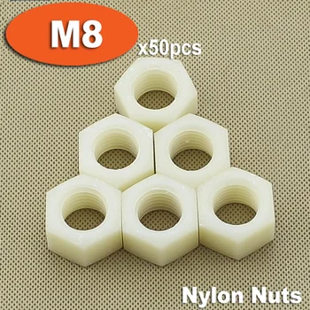 50pcs DIN934 M8 Biele Plastové Nylon Orechy Hexagon Hex Hlavu Matica