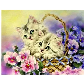 5d Diy Diamond Maľovanie Cross Stitch Cute Cat Zvierat, Kvetinové koše Kolo Diamond Výšivky Diamond Mozaiky Domova Darček