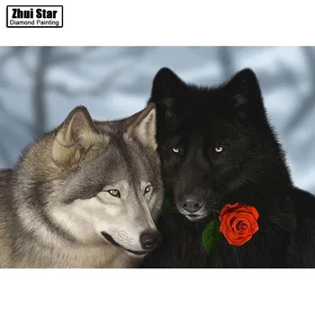 5D DIY Diamond mozaiky diamond výšivky Red rose šedej a čiernej vlk mbroidered Cross Stitch Domáce dekorácie Darček