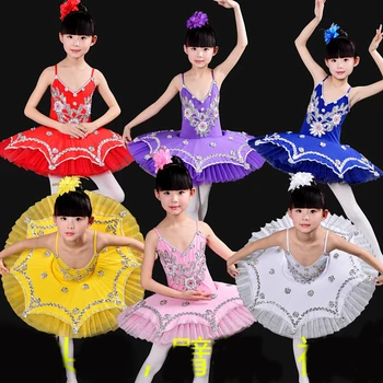 6 Farby Deti Sequined Labutie Jazero Tanec Balet Tutu šaty Dievčatá Ballroom Dance Party ware Kostýmy Oblečenie Fáze nosiť šaty