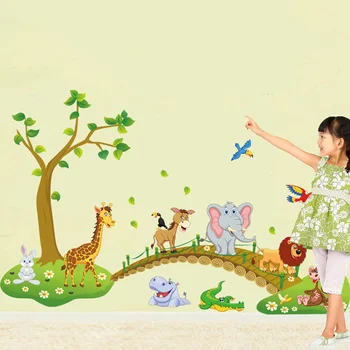 60*90 cm Cartoon Zvierat Most Lev, Žirafa, Slon Strom Vtáky, Kvety Samolepky na Stenu Pre Deti Izba Obývacia Izba Domova