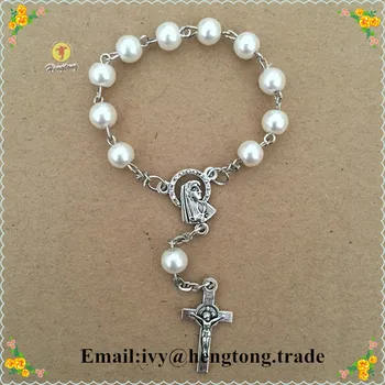 6mm biele sklenené perly ruženca náramok,náboženské katolíckej náramok s Panny Márie vrchol a zliatiny kríž