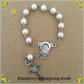 6mm biele sklenené perly ruženca náramok,náboženské katolíckej náramok s Panny Márie vrchol a zliatiny kríž