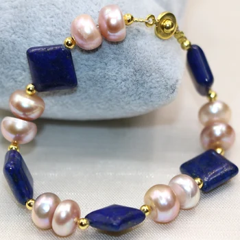 9-10 mm prírodné fialová abacus pearl lapis lazuli korálky 12 mm originálny dizajn náramkov ženy vysoký stupeň darček šperky 7.5 palcový B2997