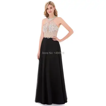 9211W Sexy A-Line Black Prom Šaty 2018 Dlho plavky s uväzovaním za Perlové Backless vestidos de fiesta Formálne Večerné Šaty Strany Sprievod Šaty