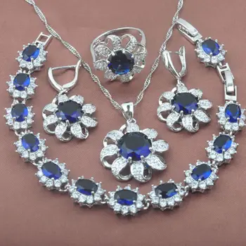 925 Sterling Silver Sky Blue Zirconia Sun Flower dámske Šperky Set Náramok Náhrdelník s Príveskom, Náušnice, Prsteň YZ0351