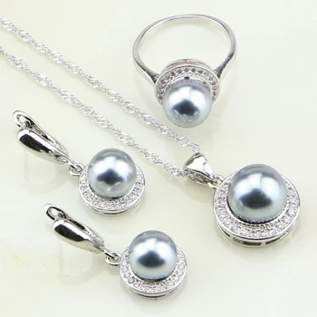 925 Sterling Silver Šperky Bielymi Zirkónmi Okrúhleho Šedá Imitácia Perly Šperky Set Pre Ženy, Náušnice/Krúžok/Prívesok/Náhrdelník