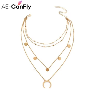 AE-CANFLY Strieborná Zlatá Farba Choker Náhrdelník Moon Star Tvar náhrdelníky & prívesky Viacerých Vrstiev Lady collares Šperky NX134