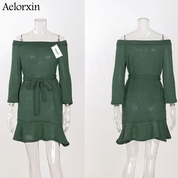Aelorxin 2017 Jeseň Ženy Sexy Mimo Ramenný Sveter Šaty s Dlhým Rukávom Lady Mini Hip Šaty s Pásom 4 Farby Plus Veľkosť S-XL