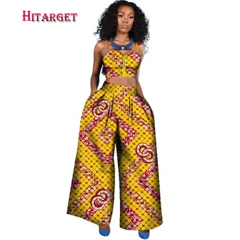 Africké Oblečenie 2017 módne Ženy Nastavuje bez rukávov krátky top+dlhé nohavice oblek pre ženy dashiki batik tlač čistej bavlny WY1558