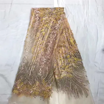 Africké čipky textílie 2017 vysoko kvalitnej čipky 3d kvet textílie s pearl drahokamu výbava nigérijský čipky pre svadobné broskyňa YH02-1