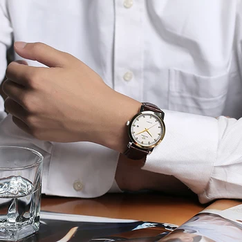 AILANG Mužov Jednoduchý Dizajn Mechanické náramkové hodinky 30 M Športové Nepremokavé Real Black Kožené Hodinky Relogio Masculino A080