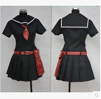 Akame Ga Kiru! Anime cosplay Kurome Čierny oblek Šaty cos halloween party celý set 5in1(šaty+kravatu+Kožený opasok+Zápästí+rukavice)