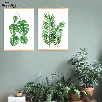 Akvarel Tropické Leaf Plátno Umenia, Tlače, Plagát s Drevený Vešiak na Stenu Art Zelená Fotografie pre Domáce Dekorácie Rámovanie