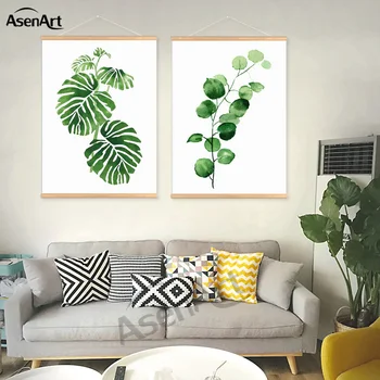 Akvarel Tropické Leaf Plátno Umenia, Tlače, Plagát s Drevený Vešiak na Stenu Art Zelená Fotografie pre Domáce Dekorácie Rámovanie