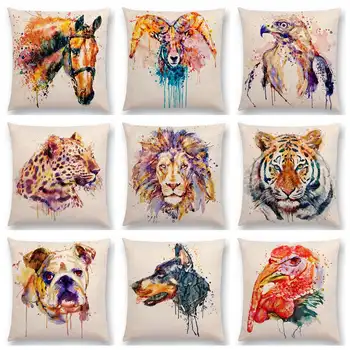 Akvarel Zvieratá Vankúš Portrét Hlavy Bighorn Lev, Leopard, Tiger, Medveď, Orol Kôň Psov Domov Gauč Hodiť Vankúš